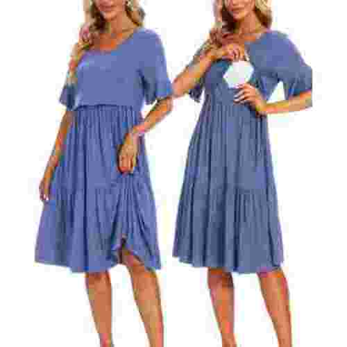 Smallshow Women's Short Sleeve Ruffle Nursing Dress Maternity Breastfeeding Clothes
