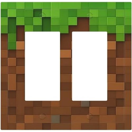 Pixel Style Gamer Themed Grass Block Decorative Outlet Covers 2 Gang Double GFCI Rocker Electrical Wall Panels Light Switch Cover Plate for Kids Room Office Home Decor