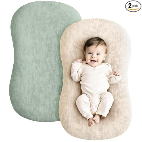 Konssy Muslin Baby Lounger Cover 2 Pack, 100% Cotton Newborn Lounger Cover, Soft and Breathable Baby Nest Slipcover for Boys Girls (Green,Wheat)