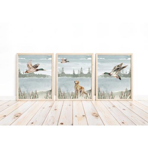 Watercolor Duck Hunting Nursery Mallard Duck and Golden Retriever Little Boys Room Rustic Outdoor Hunter Themed Set of 3 Unframed Prints
