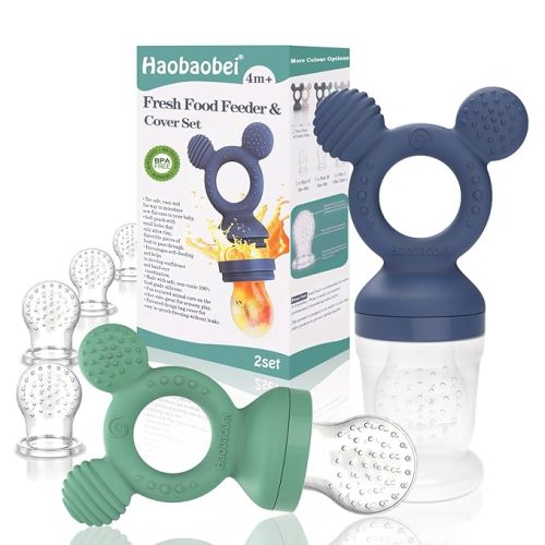 Baby Fruit Feeder, Frozen Teething Toys for Babies, Baby Teether Pacifier with 4 Extra Teats, Baby Eating Essentials, BPA Free Baby Feeding Supplies - 2-Pack (Blue Green) - A Series - 2P - Steel Blue & Grass Green