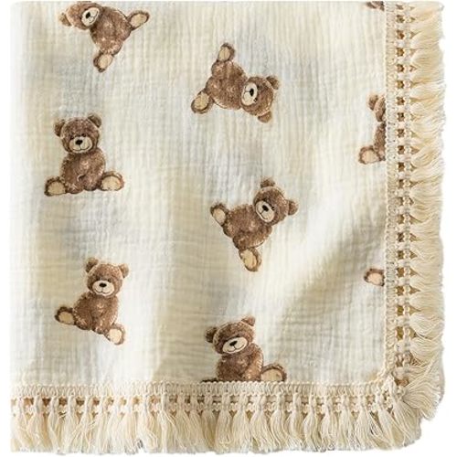 Cotton Muslin Baby Blanket with Tassel, Boho Bohemian Muslin Swaddle Blanket Baby Receiving Blanket with Fringe, Nursery Decor Throw or Nursing Blankets, 47" x40” (Teddy Bear 2)