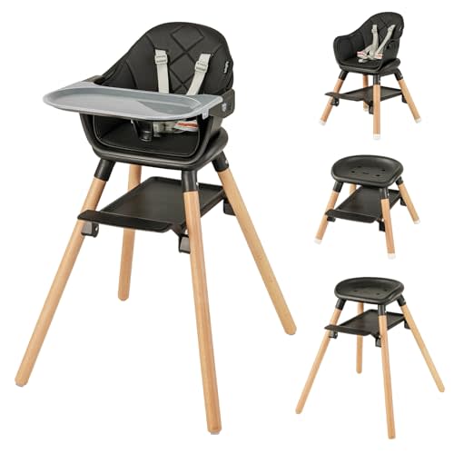 BABY JOY Baby High Chair, 6 in 1 Convertible Wooden High Chair for Babies & Toddlers with Adjustable Legs, Double Removable Tray, Safety Harness & Waterproof PU Cushion (Black)
