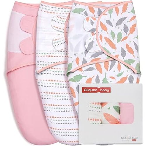 GLLQUEN BABY Swaddle Blankets for Baby Girls, Orange Pink Feather & Wave Point, 3 Pack Wrap Set, Newborn Adjustable Swaddles Sleep Sack, 0-3 Months (Small/Medium)