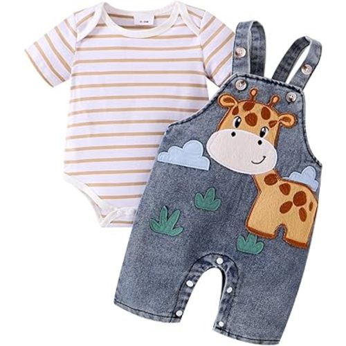 Baby Boy Clothes Newborn Striped Romper Summer Outfits + Infant Cartoon Animals Jeans Suspender Overalls 0-18 Months
