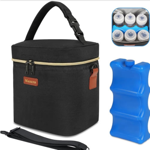 Mancro Breastmilk Cooler Bag with Ice Pack, Fits 6 Baby Bottles Up to 9 Ounce Insulated Baby Bottle Bag, Breast Milk Cooler on The go with Strap, Bottle Storage Bag for Nursing Mom Daycare, Black