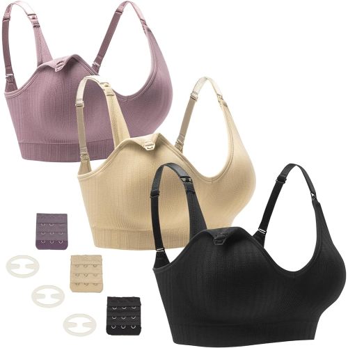 3 Pack Nursing Bras for Breastfeeding V Neck Maternity Bra Wireless Seamless Sleeping Bralette for Women with Extra Extenders L