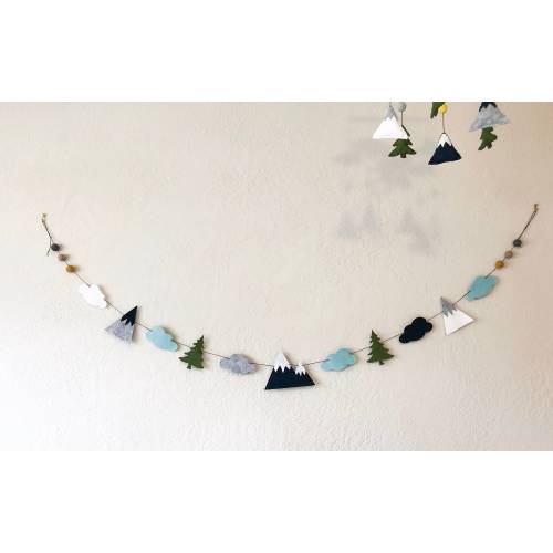 Felt woodland mountain banner; forest nursery decor; rustic boy wall hanging; navy mustard baby room decor
