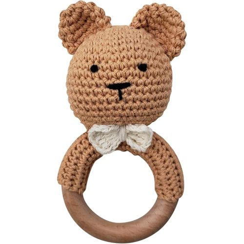 Natural Crochet Teddy Bear Teether Baby Toy Rattle Forest Friends Amigurumi on Natural Wooden Teething Ring Rattle New Born Photography (Teddy Bear Rattle)