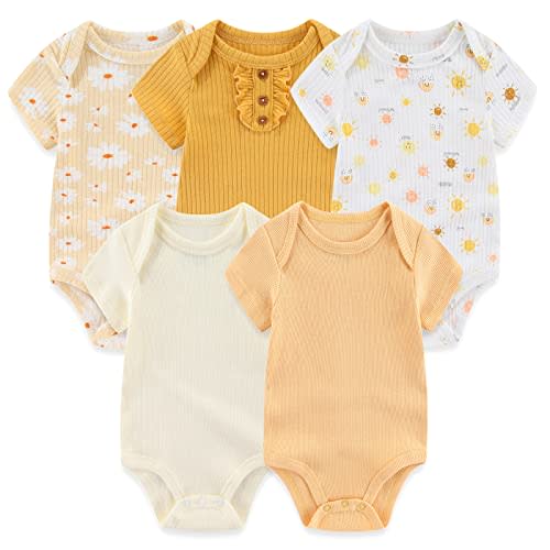 MAMIMAKA Newborn Baby Short Sleeve Bodysuit Cotton One-Piece Baby Clothes 5-Pack, 0-12 Months