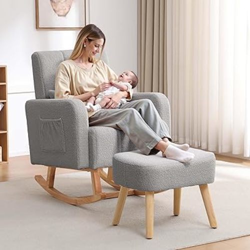 Rocking Chair with Ottoman, Nursing Glider Rocker with High Backrest and Side Pocket, Comfy Reading Chair with Solid Wood Legs for Nursery/Living Room/Bedroom Light Grey