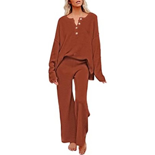Pink Queen Women's 2 Piece Outfit Set Long Sleeve Button Pullover Sweater Top and Wide Leg Pants Knit Sweatsuit