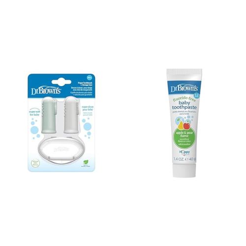 Dr. Brown's Silicone Finger Toothbrush for Baby with Travel-Storage Case, 3m+, Gray and Light Green, 2-Pack & Fluoride-Free Baby Toothpaste, Safe to Swallow, Apple Pear, 1-Pack, 1.4oz/40g, 0-3 Years