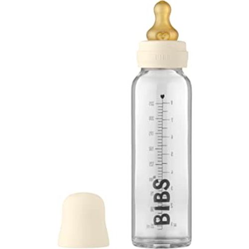BIBS Baby Glass Bottle. Anti-Colic. Round Natural Rubber Latex Nipple. Supports Natural Breastfeeding, Complete Set - 225 ml, Ivory