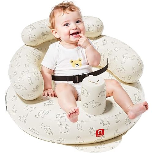 QPAU Inflatable Baby Seat with Built-in Pump, Baby Chair for Sitting Up (3-9 Months), Portable Blow Up Baby Chair with Safety Harness (Dinosaur)