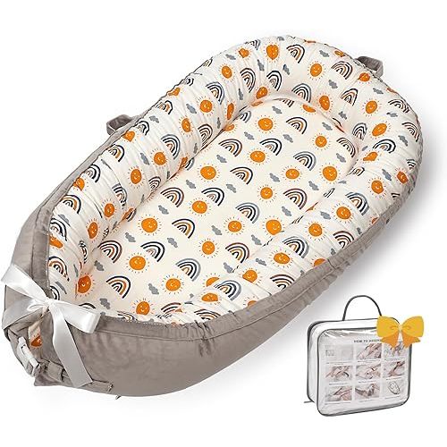 Baby Lounger-Breathable Co-Sleeping and Soft Organic 100% Cotton Baby Lounger, Portable Infant Lounger with Removable Lounger Cover, Baby Nest Lounger for Newborn 0-24 Months(Ao Rainbow)