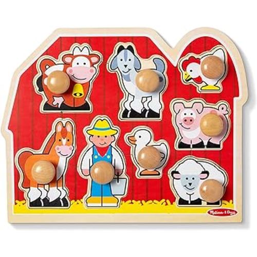 Melissa & Doug Farm Animals Jumbo Knob Wooden Puzzle - Wooden Peg Chunky Baby Puzzle, Preschoool Learning, Knob Puzzle Board For Toddlers Ages 1+