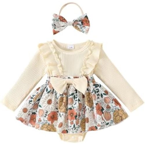 Baby Girl Clothes Boho Floral Romper Dress Fall Winter Outfit Ruffle Long Sleeve Jumpsuit with Headband