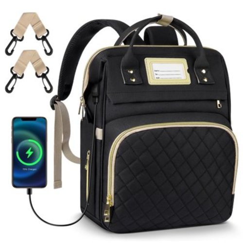 Diaper Bag for Baby Boys & Girls, Large Capacity Multifunctional Baby Bag with Insulated Milk Bottle Pocket, Stroller Straps, USB Charging Port, Waterproof Travel Changing Bag for Mom & Dad, Black