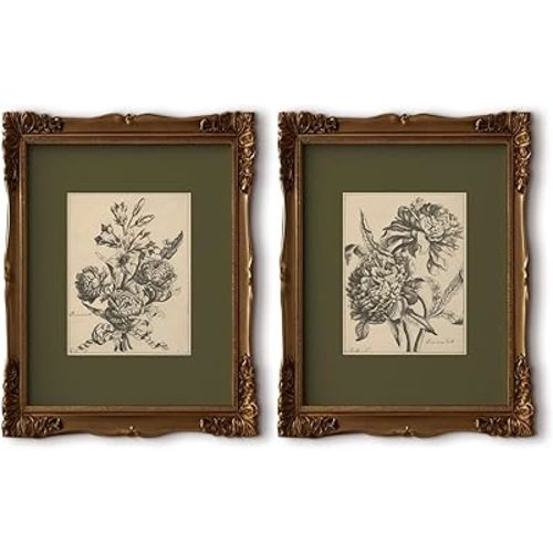 Flower Sketch Wall Art Sage Green Floral Canvas Poster Vintage Botanical Wall Decor Peony Flower Prints Dark Green Pictures Antique Floral Drawing Painting for Bedroom Living Room 12x16 Inch Unframed