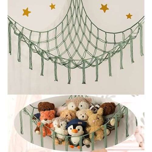 Stuffed Animal Hammock-Large Stuffed Animal Net For Toys Corner-Hanging Stuff Animal Toy Storage Organizer For Plush Plushie Display Yellow Girl Room Bedroom Boho Nursery Decor Toy Storage