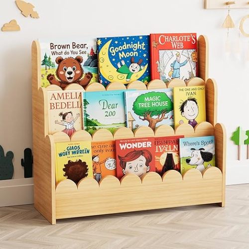 SpaceAid 3-Tier Scalloped Bookshelf, Montessori Bookcase for Toddlers, Wooden Book Shelf Organizer Display Furniture for Kids Rooms, Playroom, Nursery and Classroom, Natural