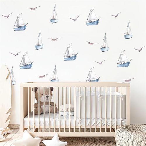 6 Sheets 48 Pcs Blue Sailboats Gulls Ins Style Wall Stickers, sacinora Travel Adventure Wanderlust Sailboat Nautical DIY Wall Decals Removable Vinyl Peel and Stick for Nursery Bedroom Playroom Decor