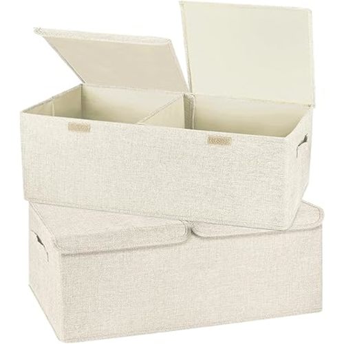 2 Pack Large Storage Boxes with Lids and Handles, Collapsible Linen Storage Bins Organizer Containers Baskets Cube with Removable Divider for Home Bedroom Closet Office (Cream, Small)