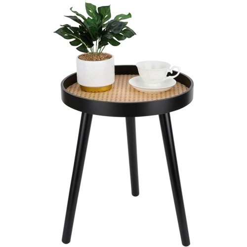 Rattan Round Side Table, Black Small Accent Table, Modern Boho Bedside Mid-Century Patio Side End Tables for Living Room Bedroom Office Balcony