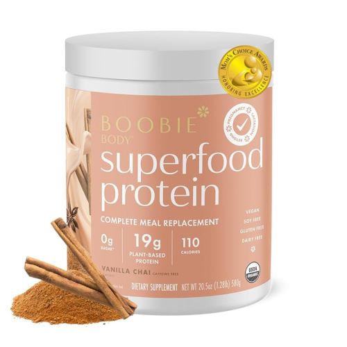 Boobie Body Superfood Protein Meal Replacement Shake, Vanilla Chai Flavor | 19g Protein | Safe For Prenatal, Pregnancy, Lactation, & Motherhood | Organic, Vegan, Zero Sugar, 1 Tub (20 Servings)