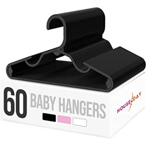 HOUSE DAY Plastic Baby Hangers for Closet 60 Pack, Durable Plastic Kids Hangers for Baby Clothes, Thin & Compact Childrens Hangers, Space Saving Black Baby Hangers, Small Hangers for Kids Clothes