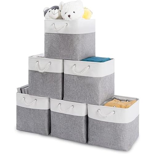 Oterri 6 Pack Foldable Storage Cubes, 13x13 Inch Fabric Bins, Decorative Storage Baskets for Home, Shelves, Nursery Organizers, Grey/White
