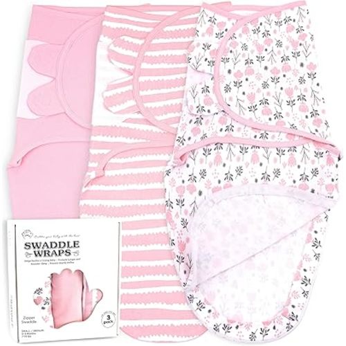 Bublo Baby Swaddle Sleep Sack with Zipper - Swaddles for Newborns - 3 Pack Baby Swaddles for 0-3 Months - Infant Sleeping Swaddle Sack – Adjustable Swaddle Blanket Wrap Boy Girl, Pink Flowers