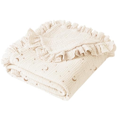 Konssy Flounce Muslin Baby Blankets, Cotton Crib Blanket for Baby Infant Toddler, Super Soft and Lightweight Nursery Blankets 40"x36" (Moon)
