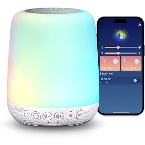 White Noise Sound Machine for Sleep Portable Sound Machine with 30 Soothing Sounds 12 Night Light Colors 4 Timer Sleep Machine for Baby Adults, Smart App Control, Touch Control