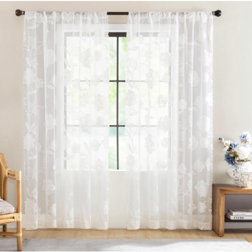 White Lace Sheer Curtains 84inch Floral Window Curtain Panel with Decorative Scalloped Edge