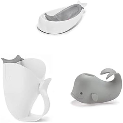 Skip Hop Baby Bath Time Essentials; 3 Stage Smart Sling Moby Tub White, Tear-Free Rinser Cup Moby White, Bath Spout Cover Grey Universal Fit