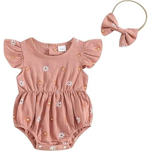 FOMOYUU Newborn Baby Girls Daisy Printed Clothes Pleated Ruffled Sleeve Bubble Romper Cute Summer Outfit with Headband