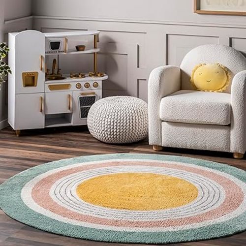nuLOOM Nydia Circular Kids Machine Washable Area Rug, 6' Round, Forest Green