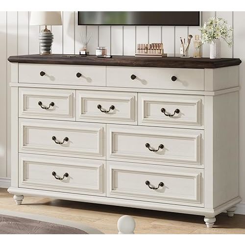 White 9 Drawer Dresser for Bedroom, 54" Wide Farmhouse Large Double Dressers & Chest of Drawers with Vintage Handle, Wooden Dresser TV Stand for Living Room, Hallway, White