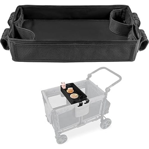 Stroller Snacks Tray for Wonderfold Wagon W4, Double Sided Bottom Padding - Storage Mesh Pockets - 2 Kid’s Cup Holders, Faux Leather Polyester Side Easy to Clean for Eating & Activities (W4 Series)