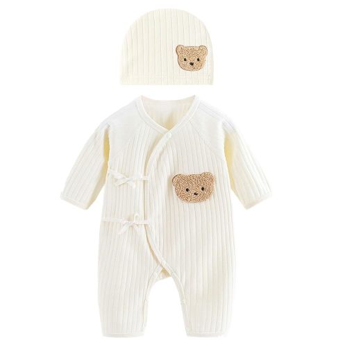 Baby Cotton Jumpsuit & e Hat Long Sleeve Romper Infant Coveralls Spring Bodysuit Cartoon Bear Breathable Outfit
