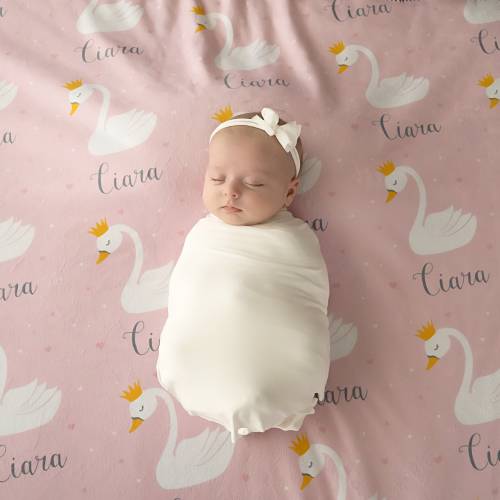 Baby Name Blanket- Swan with crown, Girl, Fleece, sherpa or Knit Jersey Swaddle, Personalized Baby Blanket, New Mom Baby Shower Gift