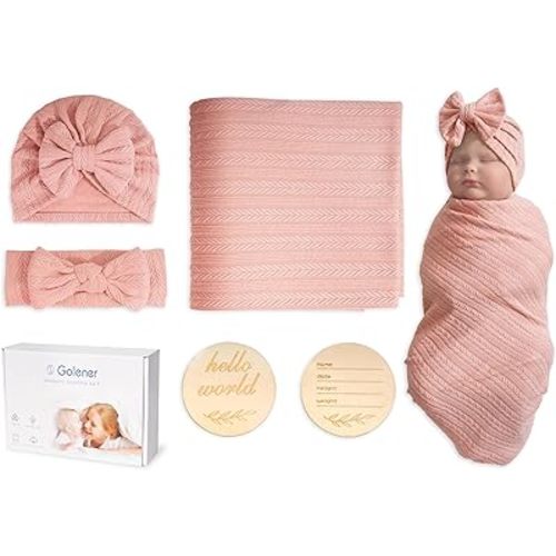 Baby Blankets,5PCS Security Blanket for Babies - Swaddle Adjustable Wearable Blanket, 5pcs Newborn Accessories Set with Hello World Wooden Birth Announcement Card, Baby Blankets for Girls&Boys (Pink)
