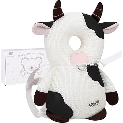 Bebamour Baby Walkers Head Protector Toddler Adjustable Baby Safety Pad Backpack Wear for Crawling with Safety Leash (New White, Cow)
