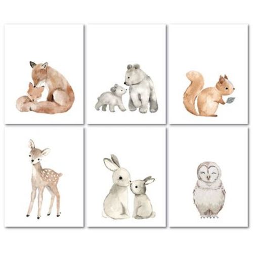Lambs & Ivy Watercolor Woodland Animals 6-piece Unframed Nursery Wall Art Decor