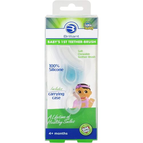 Brilliant Oral Care Baby’s First Toothbrush, Smooth Silicone Bristles Gently Clean Tender Teeth and Gums, with Storage Case, for Ages 4+ Months, Clear, 1 Pack