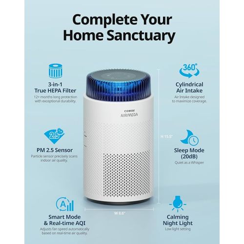 COWAY Air Purifiers for Bedroom Home up to 810 ft², True HEPA Filter for Smoke, Allergies, Pet Dander, Odor, AQI Monitor, Auto&Sleep Mode, Timer, Filter Indicator, Night Light, 3yr Warranty, 100 White - AIRMEGA 100