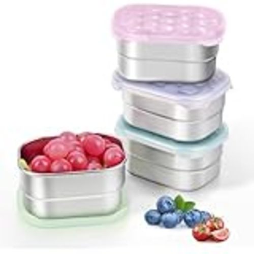4-Pack Stainless Steel Snack Containers for Kids and Toddlers | Easy Open Leak Proof Small Food Containers with Silicone Lids - Perfect Metal Lunch Box for Daycare and School (8oz)