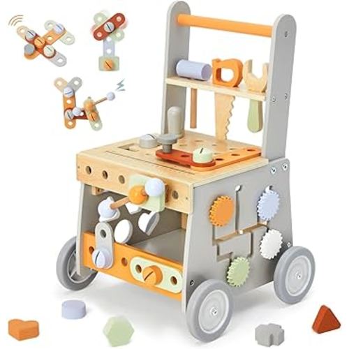 labebe Wooden Baby Walker, Baby Push Walker, Tool Toy for Toddlers, Adjustable Speed Baby Walker with Wheel, Learning Activity Walker for Girls Boys